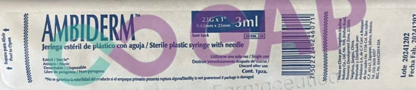 JERINGA 3 ML AZUL PED AMBIDERM 23GX25MM 1 PZA