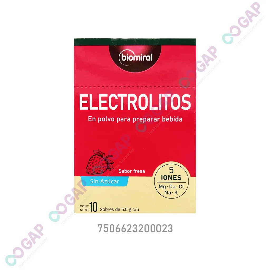 ELECTROLITOS ORALES BIOMIRAL SABOR FRESA 5.0 G C/ 10 SOB SIN AZUCAR
